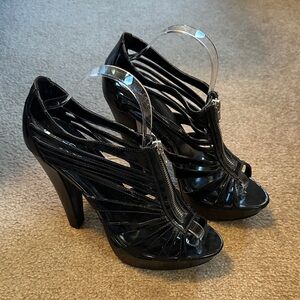 City Streets Black Patent Strappy Peep-Toe Heels with Front Zip
